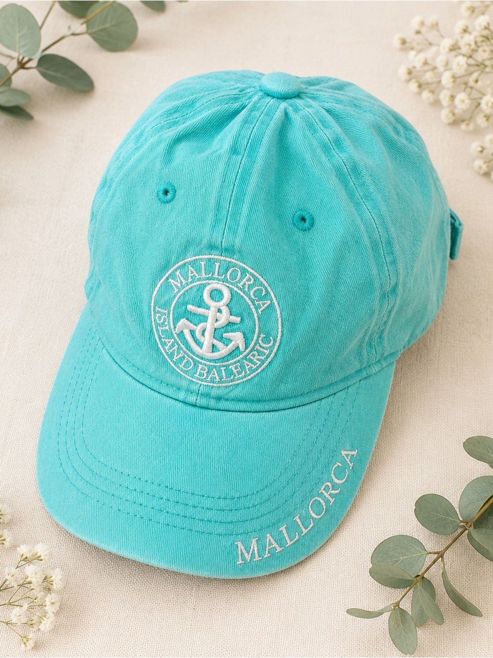 Mallorca Island Balearic Adjustable Baseball Cap | Aqua Blue Anchor Hat
